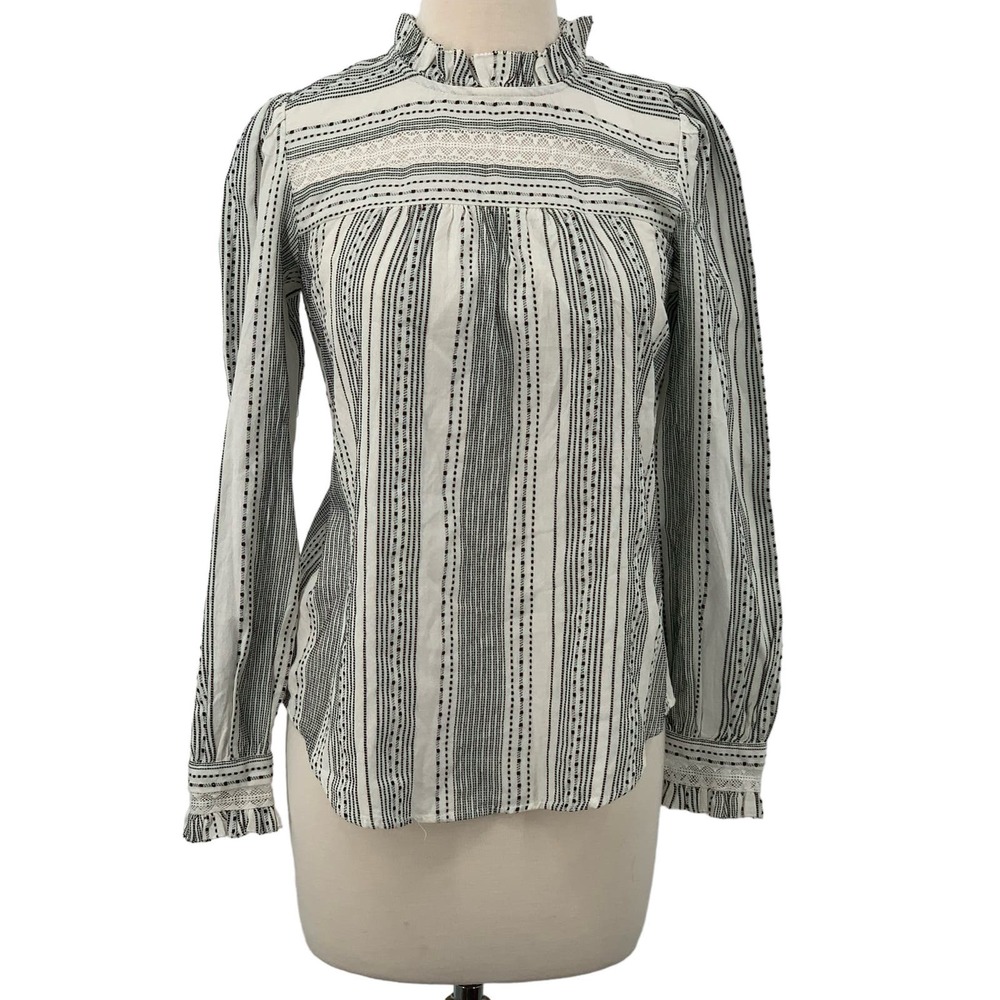 NWT LOFT Long Sleeve Pullover Top Textured Embroidered Gathered Black/White XS